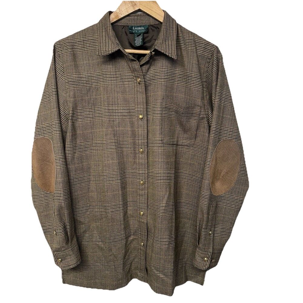 Vtg Lauren RL Plaid Wool Cashmere Tartan Houndstooth Shacket Elbow Patch L EUC